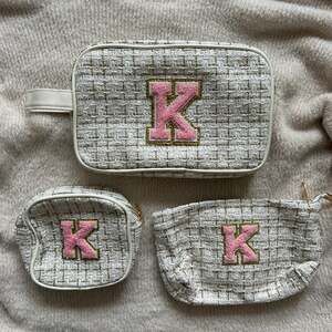 YOOLIFE White PU Initial 'K' Makeup Bag with Gold Zipper. 3 in one